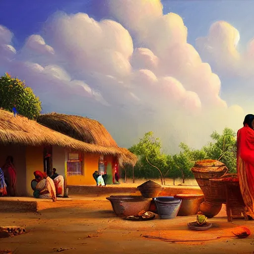 Prompt: aesthetic Matt painting of a beautiful desi village life, atmospheric, trending on artstation