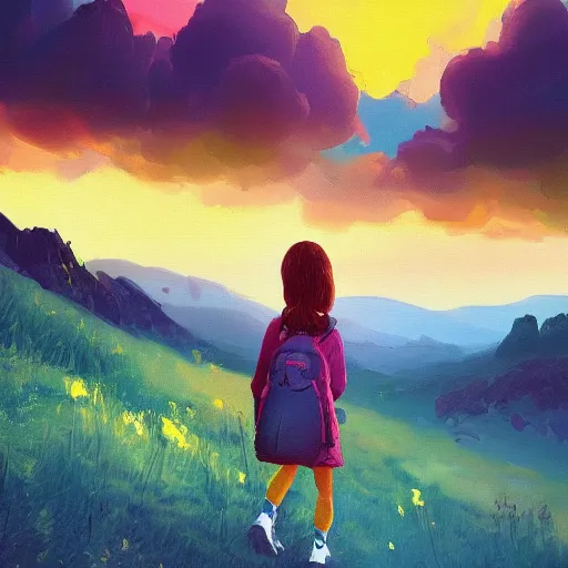 Image similar to giant daisy flower head, girl hiking in the mountains, surreal photography, sunrise, dramatic light, impressionist painting, colorful clouds, digital painting, artstation, simon stalenhag