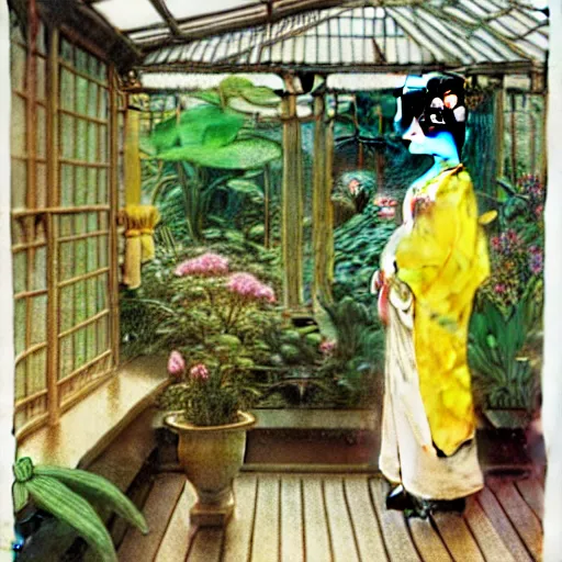 Prompt: photograph of a young woman wearing a yellow kimono in a tropical greenhouse, by Carl Larsson, by james gurney, by john william waterhouse, by John Singer Sargent, Extremely detailed, 8K, 85 mm lens