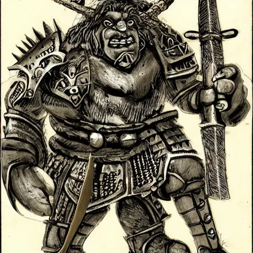 Image similar to ogre warrior wearing plated armor who is holding a battle axe in the style of warhammer fantasy : : head and torso drawing