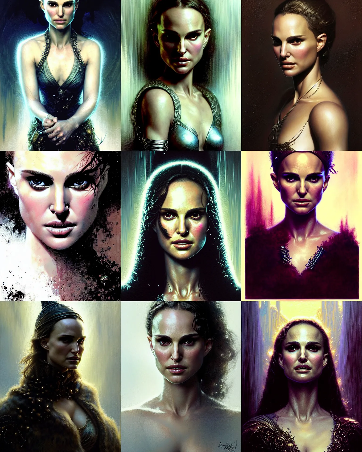 Image similar to a portrait of natalie portman fantasy character portrait, ultra realistic, cinematic, concept art, wide angle, intricate details, hologram, highly detailed by greg rutkowski, aaron horkey, gaston bussiere, craig mullins, simon bisley, arthur rackham