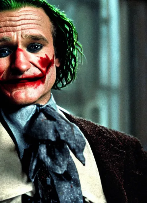 Image similar to film still of Robin Williams as The Joker in The Dark Knight, 4k