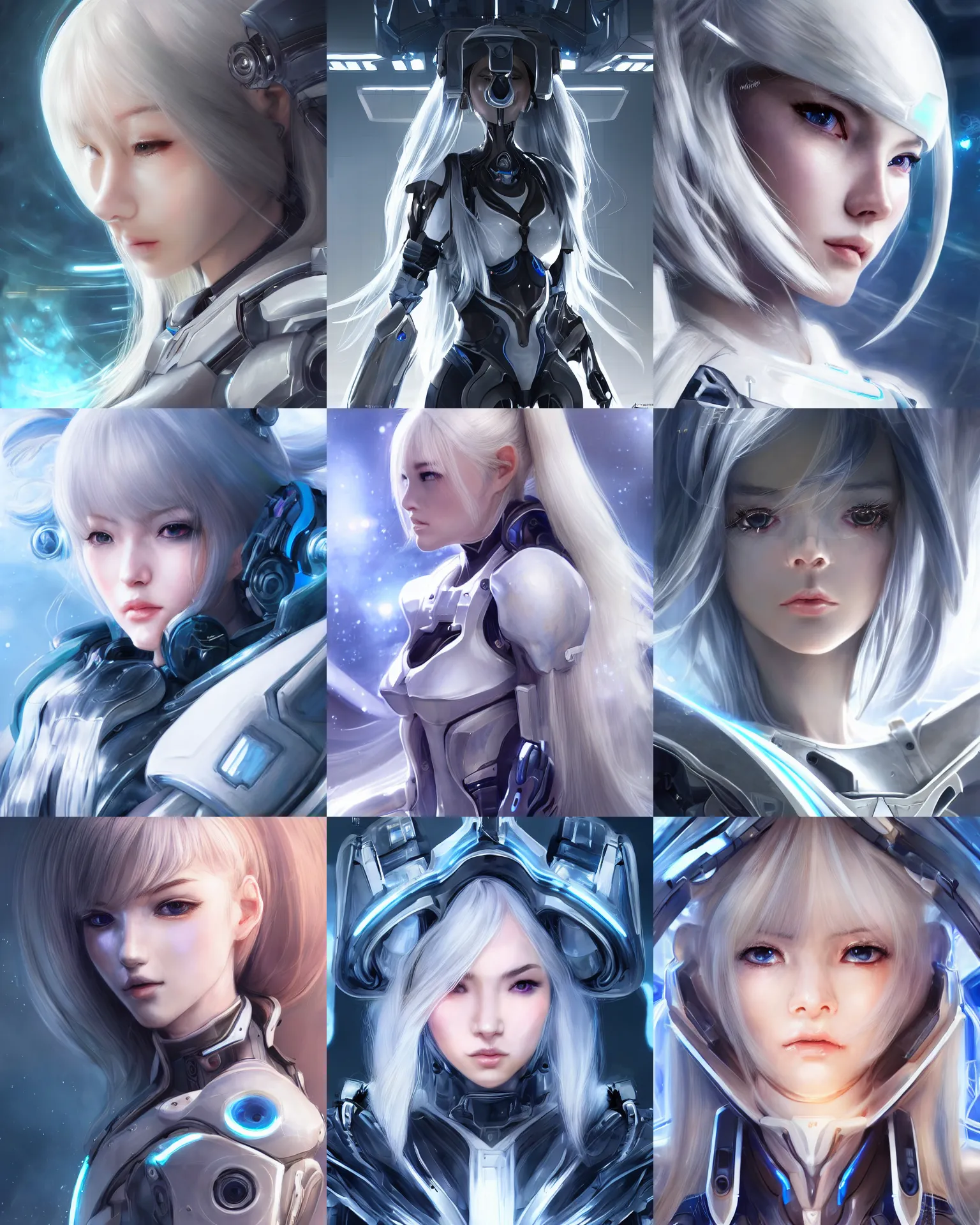 Image similar to detailed portrait of perfect android girl, warframe armor, beautiful face, scifi, futuristic, space station, laboratory, song hye - kyo, dreamy, long white hair, blue cyborg eyes, cinematic lighting, innocent, highly detailed, sharp focus, smooth, artstation, intricate, award winning, pure aura, divine, by akihiko yoshida