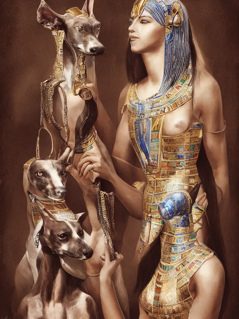 Image similar to portrait of a beautiful female ancient Egyptian goddess next to Anubis as a whippet, by Alessio Albi, painted by Artgerm