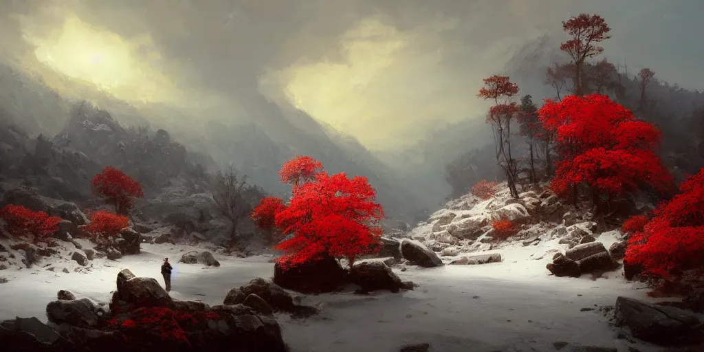 Image similar to A beautiful oil painting of a rocky valley covered in snow, trees with red leaves, thunderstorm in the sky, blue lighting, gloomy, atmospheric lighting, detailed, by greg rutkowski, trending on artstation