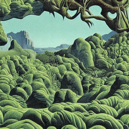 Image similar to painting of a lush natural scene on an alien planet by mc escher. beautiful landscape. weird vegetation. cliffs and water.