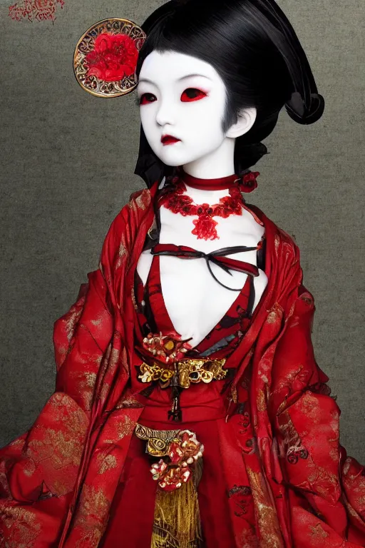 Prompt: japanese bjd geisha vampire queen in victorian red dress in the style of dark - fantasy lolita fashion painted by yoshitaka amano, takato yamamoto, james jean, symmetrical vogue face portrait, volumetrics, intricate detail, artstation, cgsociety, artgerm, gold skulls, rococo