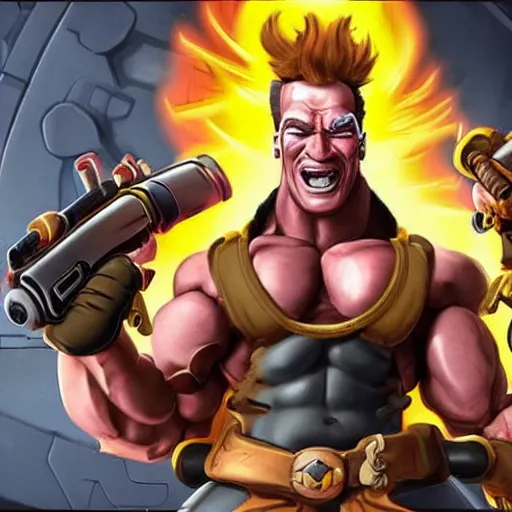 Image similar to a screenshot of arnold schwarzenegger as junkrat in overwatch