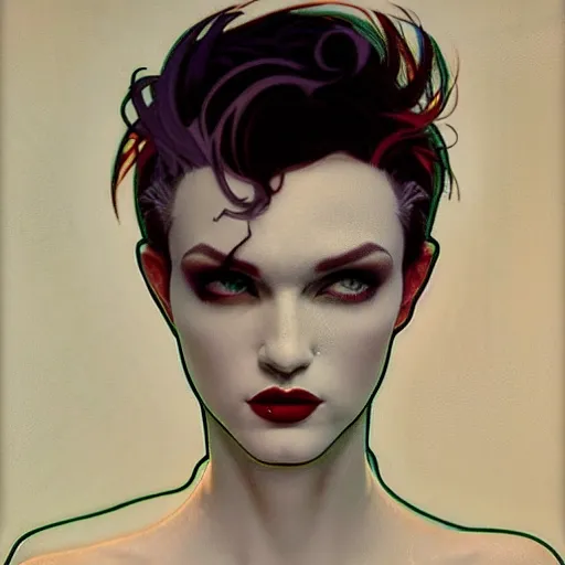 Image similar to stunning portrait of androgynous ruby rose as desire from sandman in a white tuxedo!!!, rockabilly style,, by alphonse mucha, by jeremy mann, by peter lindbergh, dave mckean, by frank moth, white suit and black tie, soft lightning, high detailed, 8 k