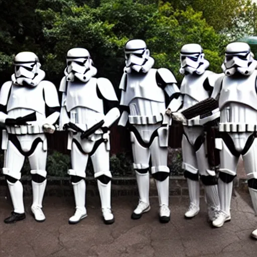 Prompt: a group of stormtroopers enjoying ice cream cones at a whimsical steampunk theme park