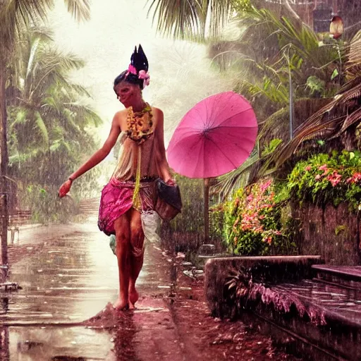 Image similar to monsoon on tropical island, oriental woman, ornate, beautiful, atmosphere, vibe, mist, coconuts, rain, wet, pristine, puddles, melting, dripping, snow, creek, lush, ice, bridge, forest, roses, flowers, by stanley artgerm lau, greg rutkowski, francis bacon