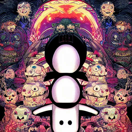 Image similar to portrait of crazy marshmello, symmetrical, by yoichi hatakenaka, masamune shirow, josan gonzales and dan mumford, ayami kojima, takato yamamoto, barclay shaw, karol bak, yukito kishiro