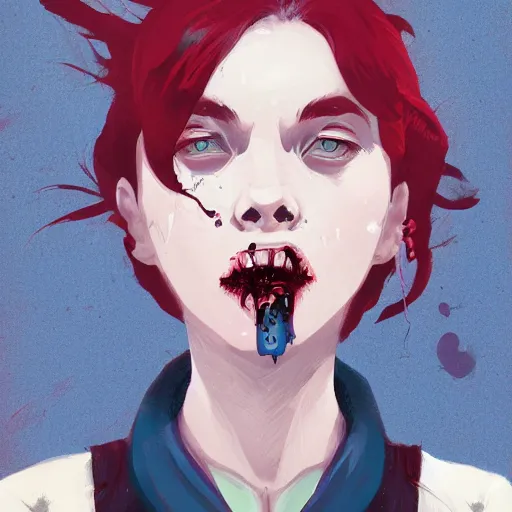 Image similar to Highly detailed portrait of a punk zombie young lady by Atey Ghailan, by Loish, by Bryan Lee O'Malley, by Cliff Chiang, ((dark blue moody background))