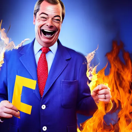 Image similar to nigel farage laughing holding burning eu flag, studio photograph, hd, studio