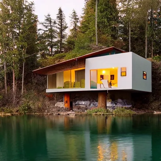 Image similar to wes anderson style modern house near the lake