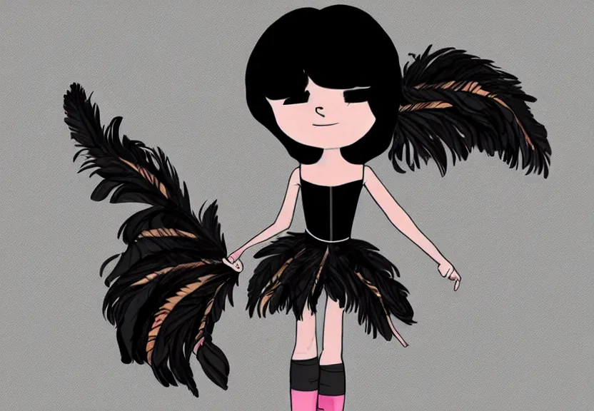 Image similar to beautiful little girl with a short black haircut wearing a dress made of black feathers, artwork in steven universe art style, anatomically perfect