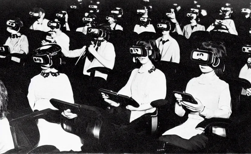 Image similar to 1 9 0 0 s photo of people using iphones ipods virtual reality headsets vr in a movie theater masterpiece