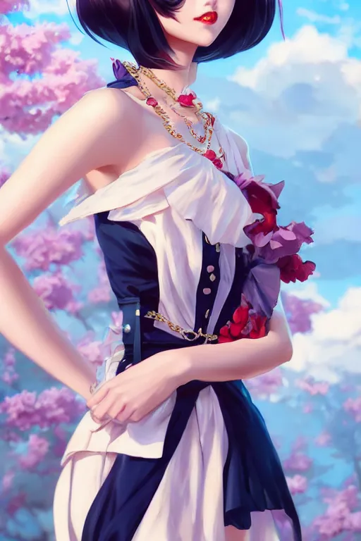 Image similar to a pin up and beautiful fashion charming dreamlke japan girl with lv jewelry, character art, art by artgerm lau and wlop and and ilya kuvshinov and john singer sargent, hyperdetailed, 8 k realistic, symmetrical, frostbite 3 engine, cryengine, dof, trending on artstation, digital art