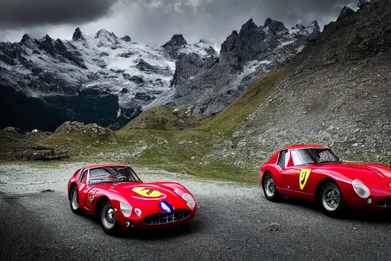 Prompt: car photography of “Ferrari 250 GTO series 2” in the Swiss Alps by Emmanuel Lubezki