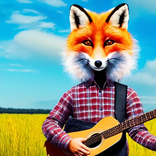 Image similar to a female fluffy anthropomorphic fox animal, head of fox, wearing cowboy hat, wearing plaid shirt, playing guitar, in a field, barn in background, album cover style