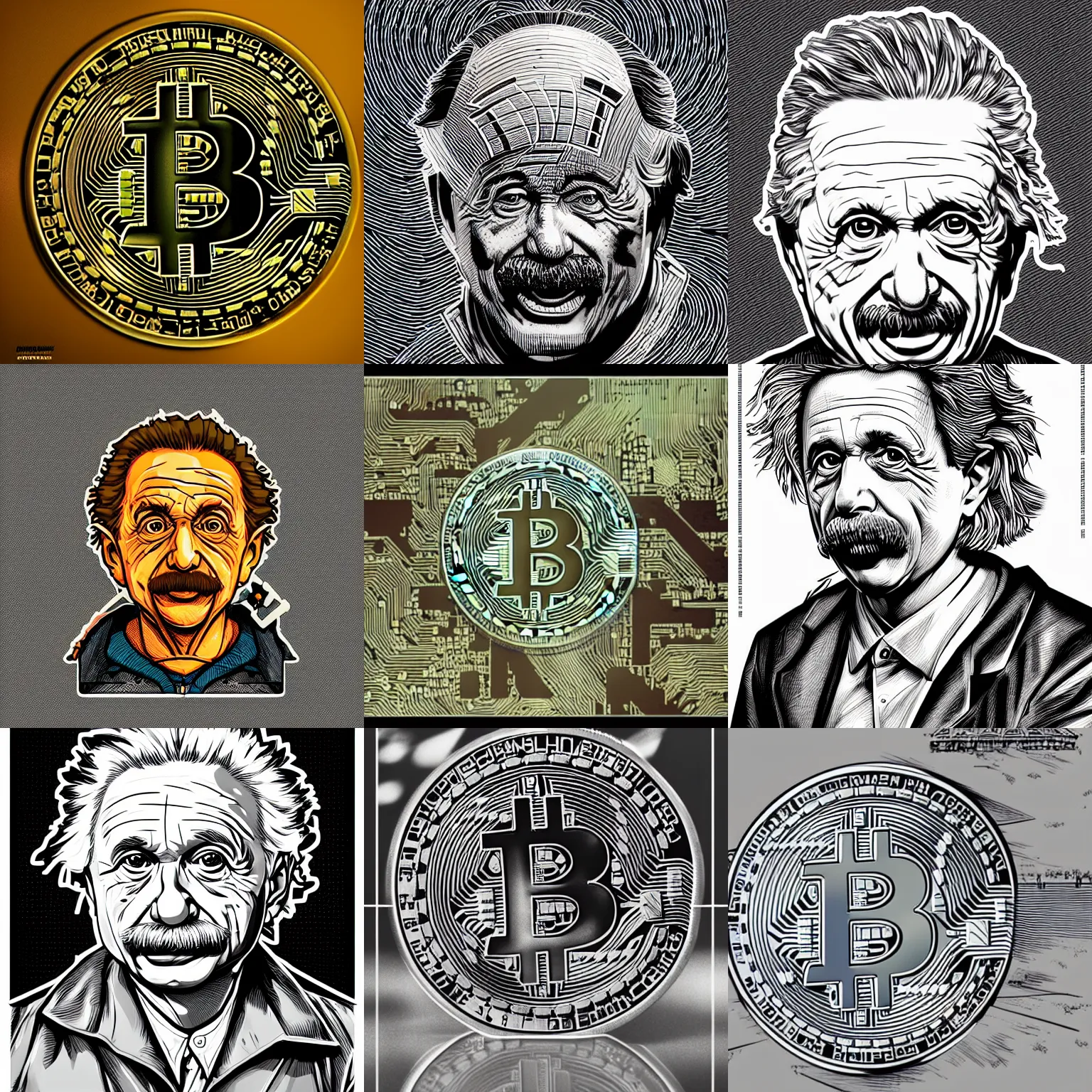 Prompt: cell shaded bitcoin are eyes of einstein, macro head shot, llustration, concept art by laurie greasley, highly detailed, sharp focus, logo trending on artstation, hq, deviantart, art by artgem