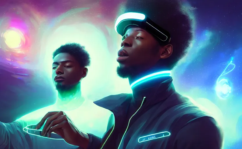 Prompt: handsome black genius hacking the metaverse, vr headset, holographic keyboard and curved digital holographic displays, floating through spacetime, exploding nebulae, highly detailed, digital painting, artstation, concept art, smooth, sharp focus, illustration, art by wlop, mars ravelo and greg rutkowski