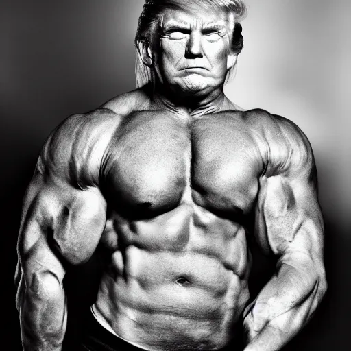 Image similar to very muscular donald trump, 8k, black and white photo, professional photography