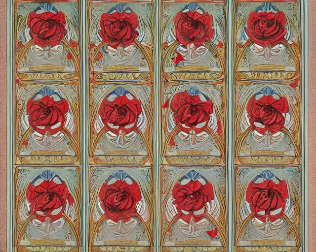 Image similar to symmetrical mural painting from the early 1 9 0 0 s in the style of art nouveau, red curtains, art nouveau design elements, art nouveau ornament, scrolls, flowers, flower petals, rose, opera house architectural elements, mucha, masonic symbols, masonic lodge, joseph maria olbrich, simple, iconic, masonic art, masterpiece