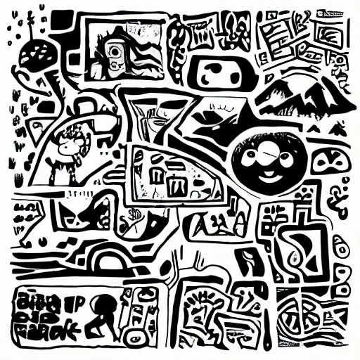 Image similar to black and white composition of a variety of seperate doodles, drawings, faces, symbols, cartoons, lineart, cave drawing, silhouette, tattoo, chinese ink brush, app icon