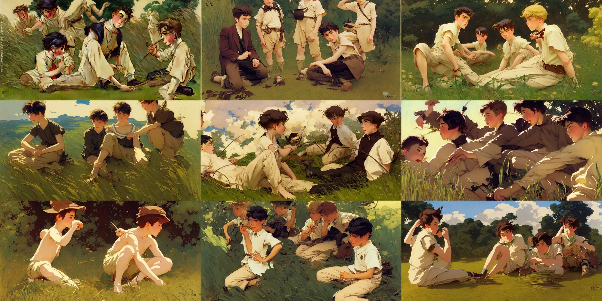 Prompt: grass, boys, in the style of studio ghibli, j. c. leyendecker, greg rutkowski, gaston bussiere