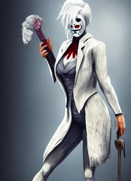 Prompt: a judge with a white wig holding a scales of justice as a dead by daylight killer, concept art, 4k, trending on Artstation