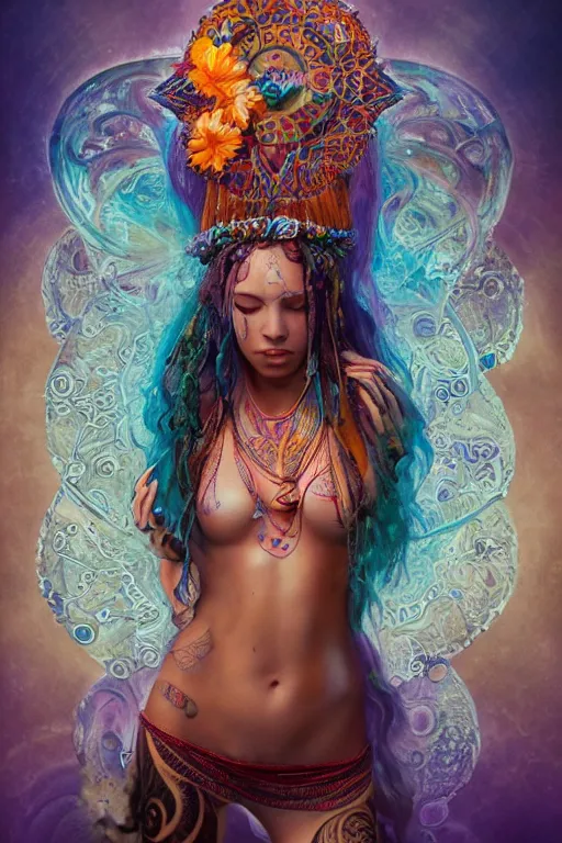 Image similar to a centered full body render of an alluring festival hippy with tribal tattoos surrounded by a underwater ink pour and flowing liquid gallium and sacred geometry, perfect body and face, gorgeous, cinematic, beautifully lit, by artgerm, by karol bak, by donato giancola, 3 d, trending on artstation, octane render, 8 k