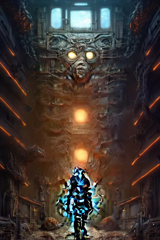 Image similar to A photorealistic 3d render of a robot monster cyborg made of circuits wide view shot by ellen jewett , tomasz alen kopera and Justin Gerard symmetrical features, ominous, magical realism, texture, intricate, ornate, royally decorated, android format, windows, many doors, roofs, complete house , whirling smoke, embers, red adornments, red torn fabric, radiant colors, fantasy, trending on artstation, volumetric lighting, micro details, 3d sculpture, ray tracing, 8k