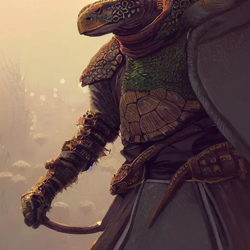 Prompt: a detailed portrait of a turtle druid dressed with a leather armor, by victo ngai and greg rutkowski, digital art, realistic painting, very detailed, fantasy, dnd, trending on artstation