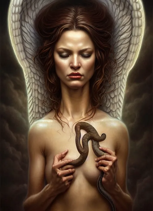 Image similar to snake eating an angel, fine art, intricate, elegant, highly detailed, realistic hair, centered, digital painting, art station, conceptual art, soft, sharp focus, illustration, artwork, artgerm, tomasz alen kopera, peter mohrbacher, donato giancola, wlop, boris vallejo