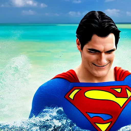 Prompt: superman taking a bath at the beach wearing trunks , realistic