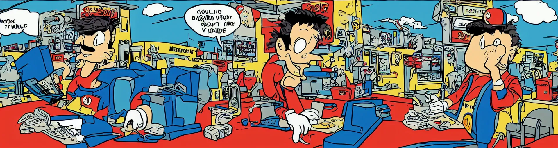 Prompt: Tim Dillon working at Sonic because he lost all of his money leverage trading bitcoin, mike judge art style, 90s mtv illustration