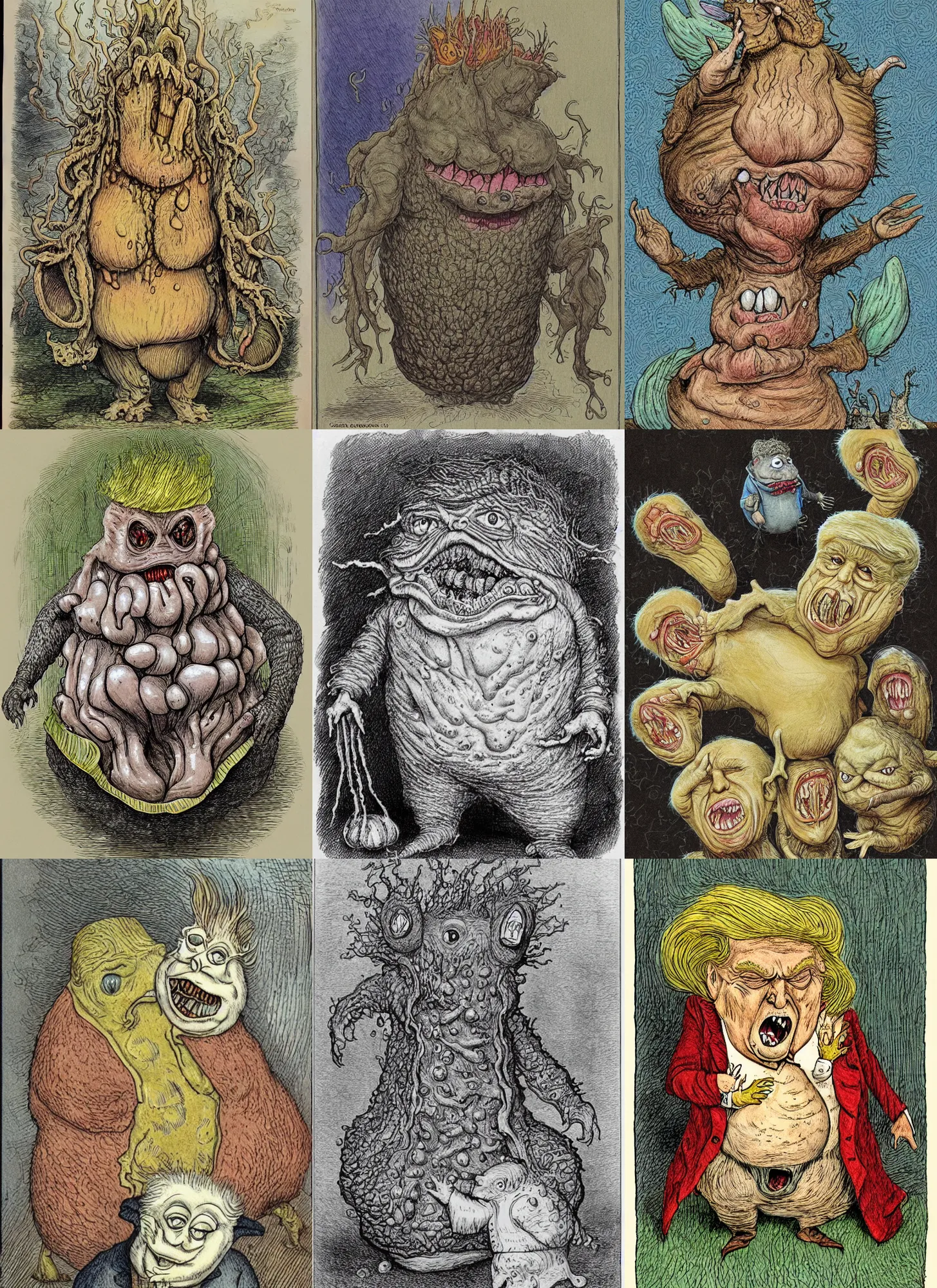 Prompt: donald trump's disgusting true form bursting from within, gross, slimy, sleazy, pustules, high details, intricate details, by beatrix potter