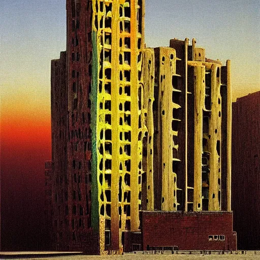 Prompt: a bipedal neon building painted by zdzisław beksinski