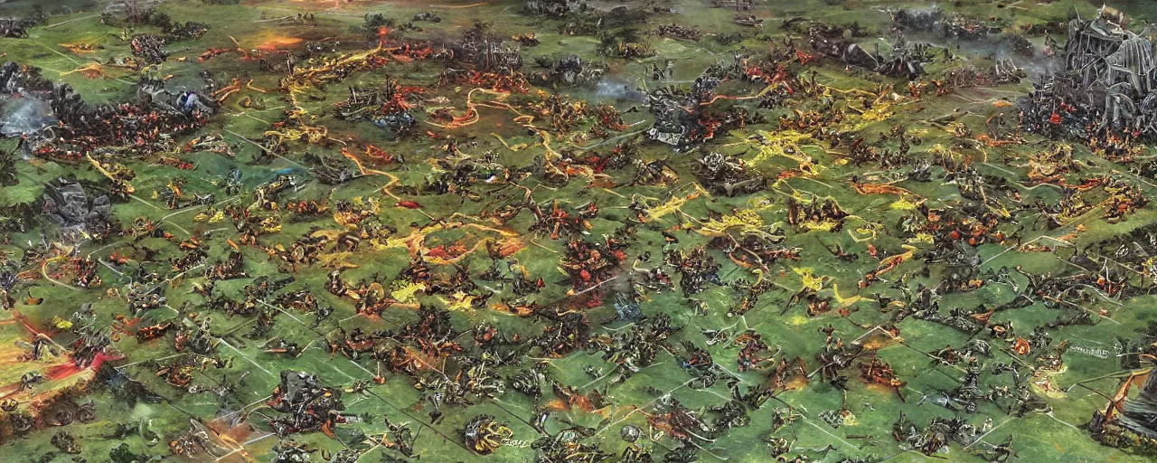 Image similar to childen's art of a battle field, detailed