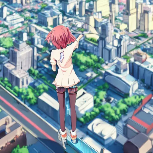 Prompt: detailed award winning anime girl on top of the tall building looking at the city streets