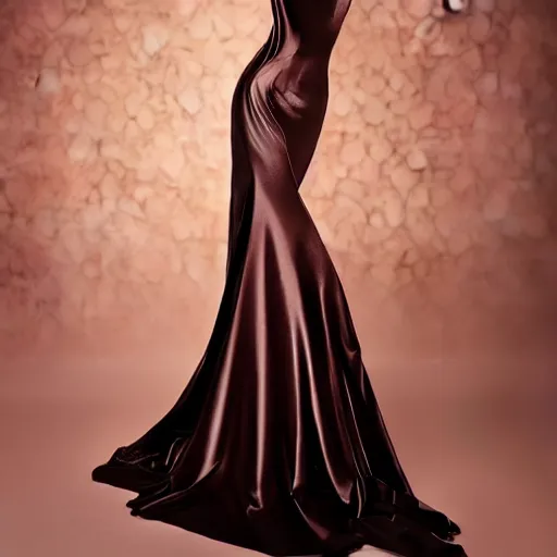 Prompt: a beautiful evening gown made of fluid dark chocolate, on a mannequin.. studio lighting, high quality, high resolution