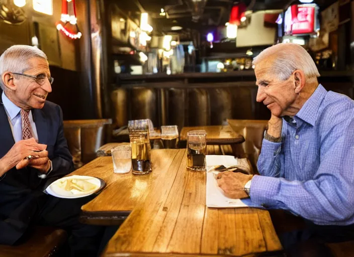 Prompt: Anthony Fauci and Biden having dinner at a Dive bar restaurant, award winning cinematic photography, 50 mm, blurred background, trending on twitter
