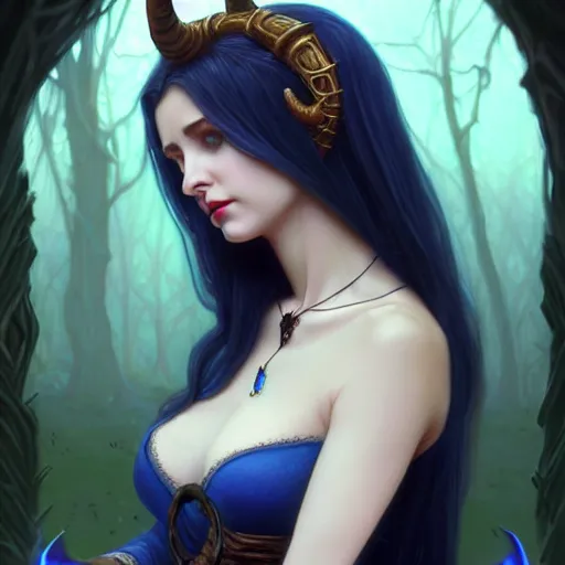 Image similar to wide angle, necromancer tiefling, blue dress, jeweled horns, focused, forest, female, d & d, fantasy, intricate, elegant, highly detailed, long black hair, digital painting, artstation, octane render, concept art, matte, sharp focus, illustration, hearthstone, art by artgerm, alphonse mucha johannes voss