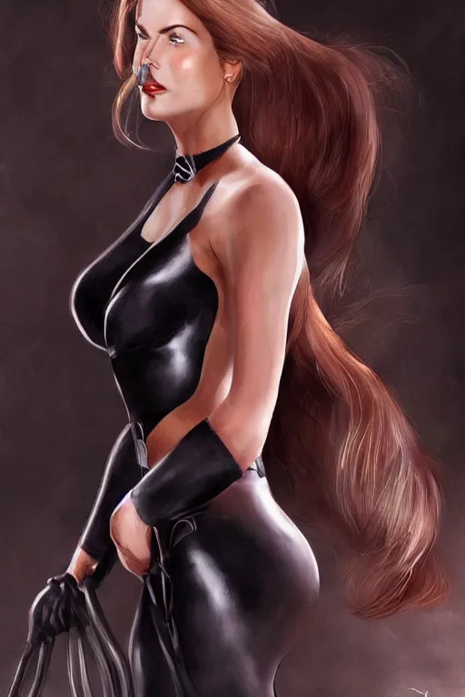 Image similar to mix of beautiful young maria shriver, mariel hemmingway, brooke shields, nicole kidman and elle macpherson as a dominatrix, thin lips, hair tied up in a pony tail, dark blonde hair, colorful, deviantart, artstation, cgsociety