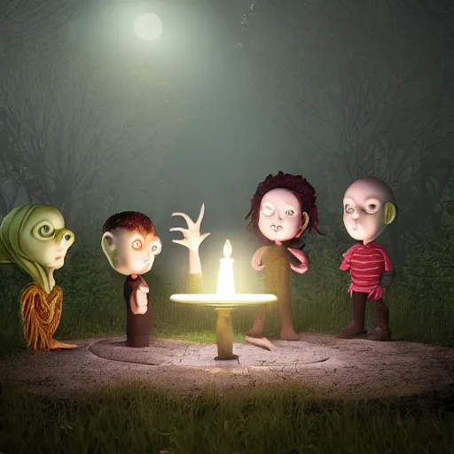 Prompt: 3D render with the style of Tim Burton of 4 friends performing a ritual to summon Cthulhu in the middle of the woods at night, trending on artstation