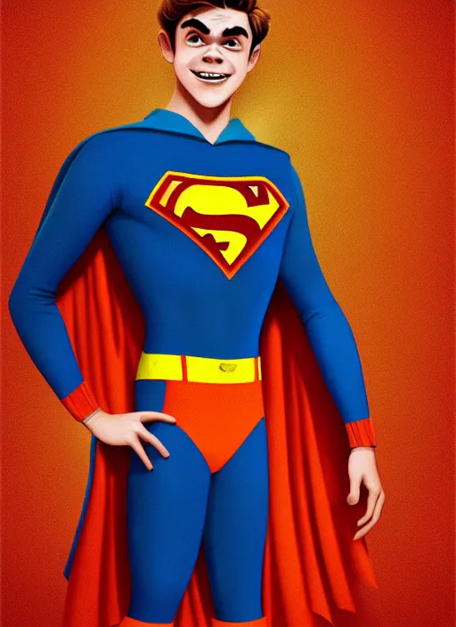 Image similar to friendly teenage archie andrews wearing an orange superhero costume with heart logo, heart, freckles, blue cape, heart emblem on chest, blue cape, intricate, elegant, glowing lights, highly detailed, digital painting, artstation, sharp focus, illustration, art by wlop, mars ravelo and greg rutkowski