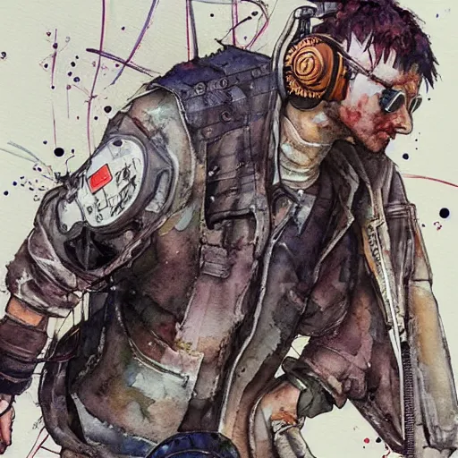 Image similar to watercolor of a cyberpunk mechanic, realistic, detailed, Industrial Scifi, in the style of Ashley Wood and Moebius