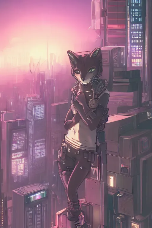 Image similar to a cyberpunk anthropomorphic cat with a fluffy tail staring over a futuristic city from the top of a roof, comic art, trending on furaffinity, cyberpunk, backlighting, cartoon, by kawacy