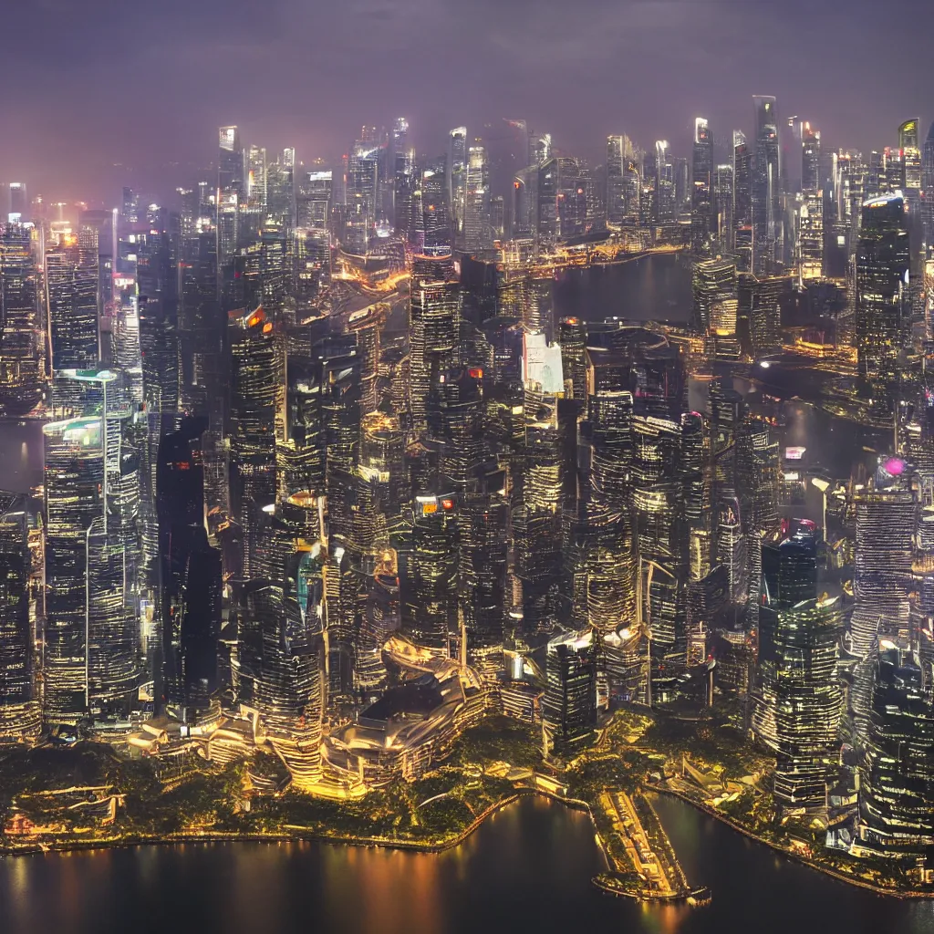 Prompt: blade runner style scenery in singapore with marina bay sands in photorealistic detail hd 8 k